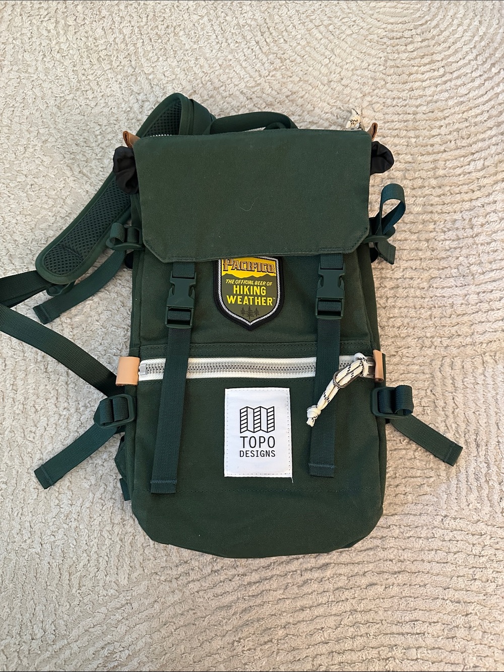 Topo Designs Mini River Green Canvas Backpack with White Zip Pocket